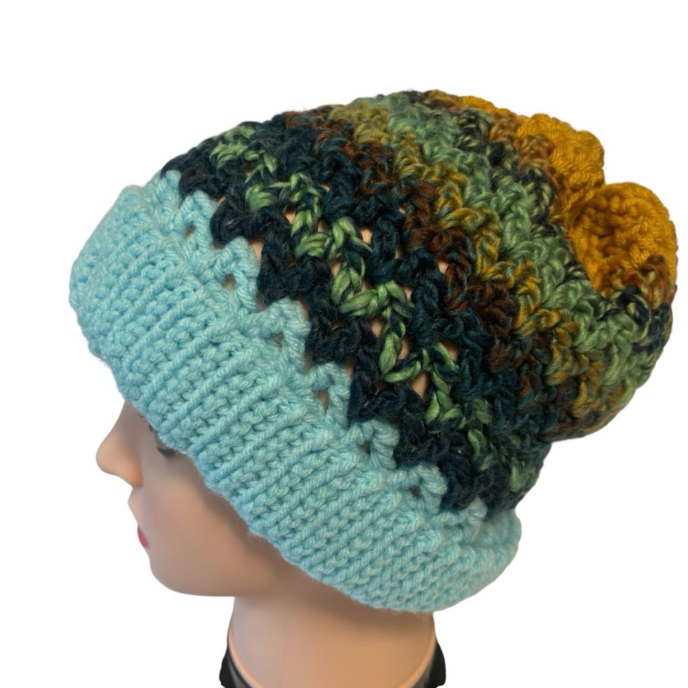Cozy Hand Crocheted aqua green slouchy beanie toboggan sock hat HAND MAD…